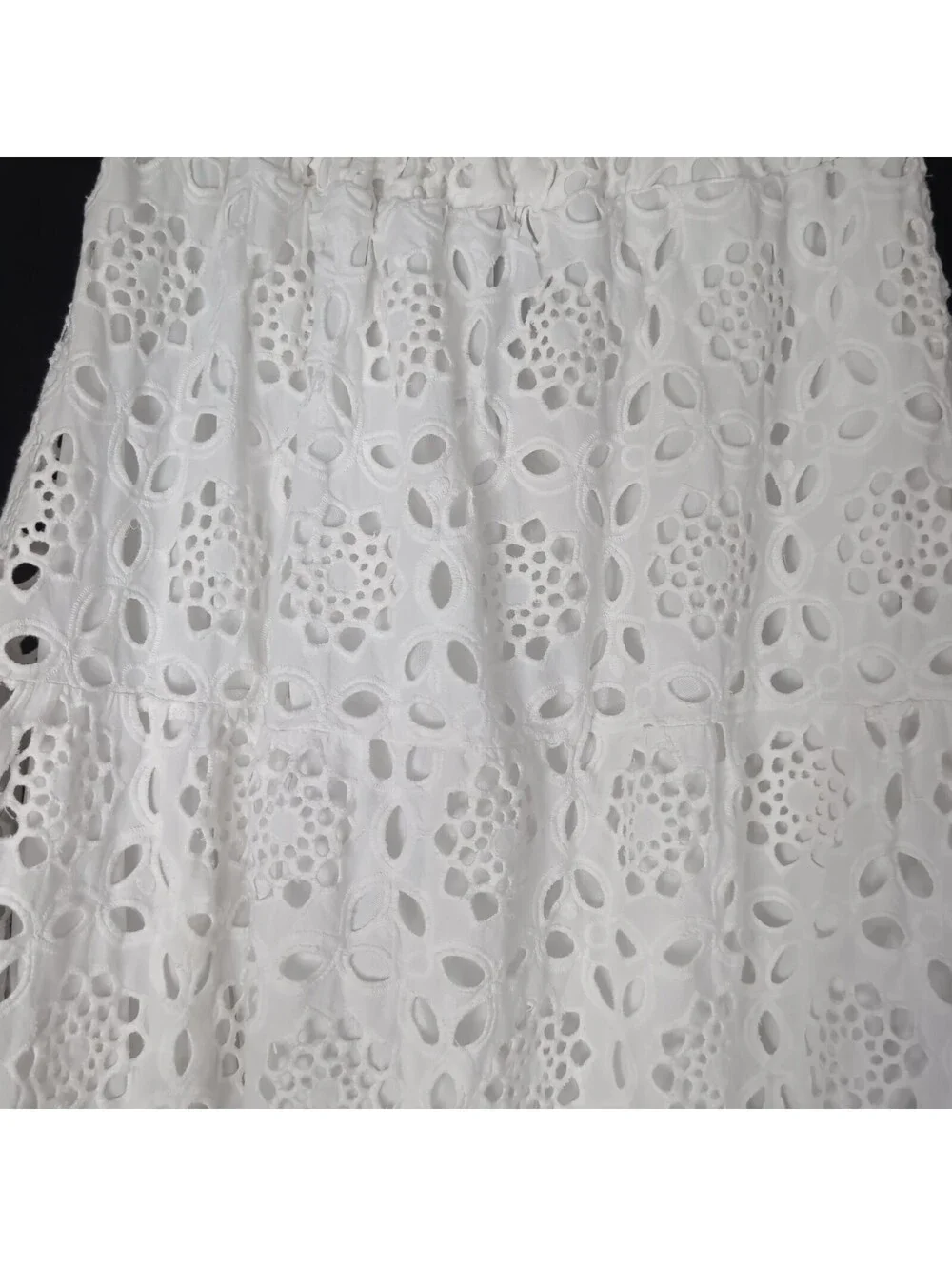 LIV Los Angeles White Eyelet Lace Midi Skirt Tiered Smocked Boho Summer Size M